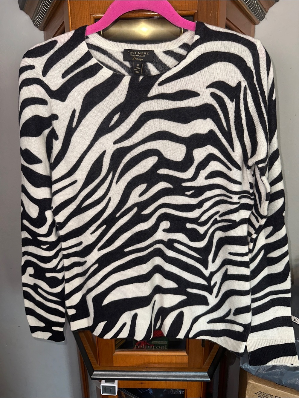 Cashmere Blend Black & White Zebra Print Sweater